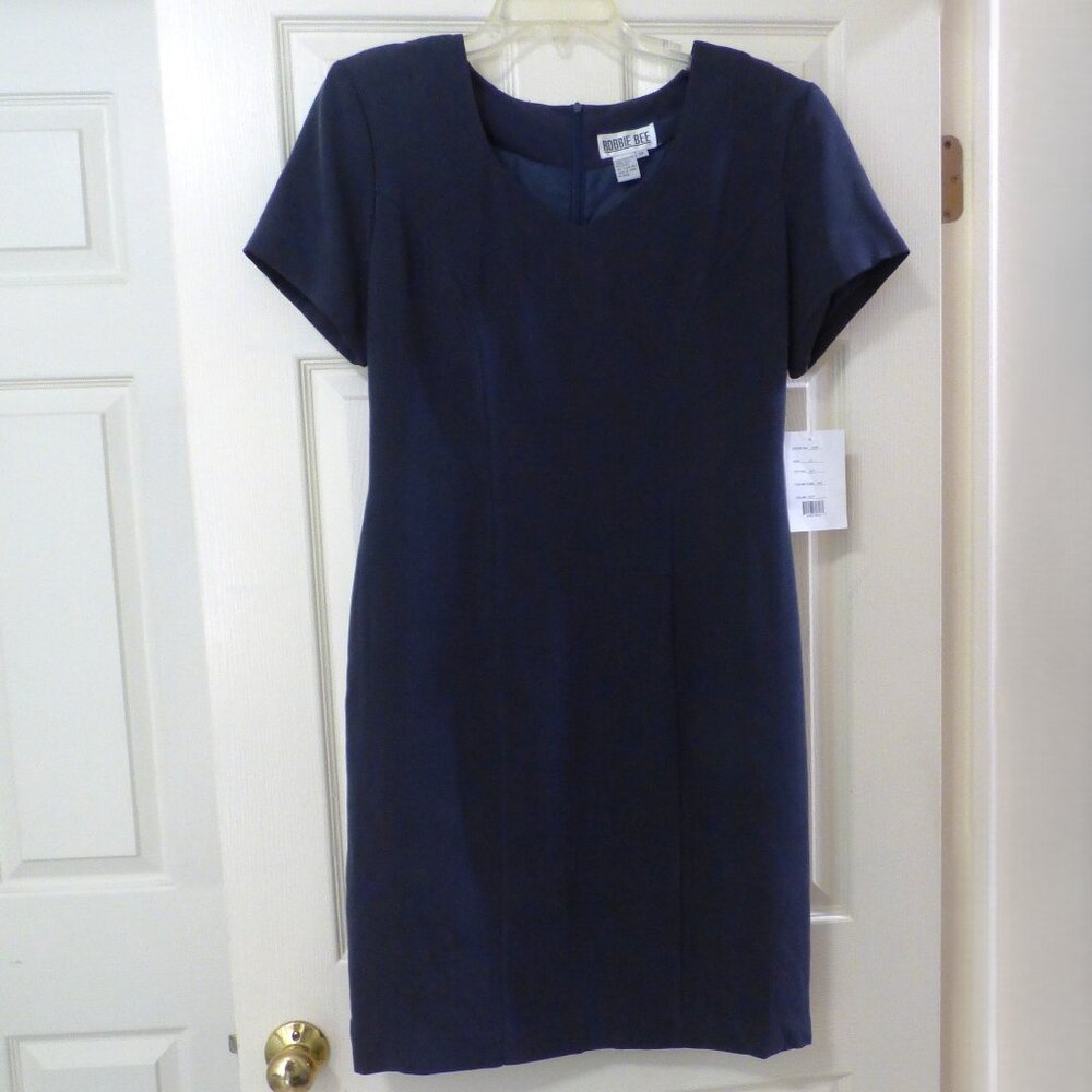Bobbie Bee Navy Blue Lined V-neck Textured Silk Shift Dress NWT size 12